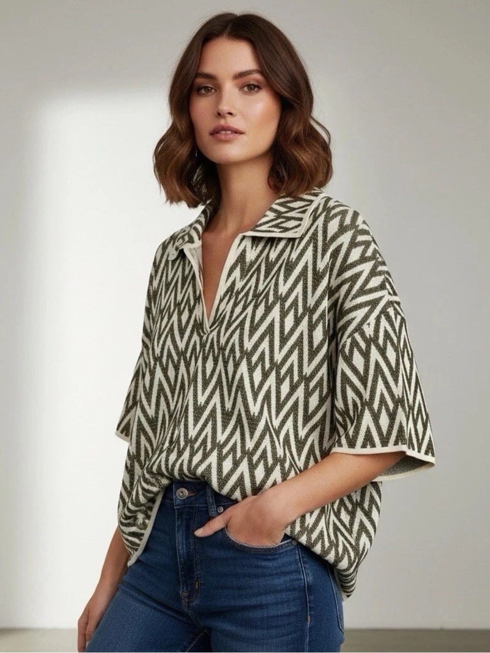 Christian Lacroix Womens Geometric Chevron Knit  Polo Top - Olive/Cream XS
